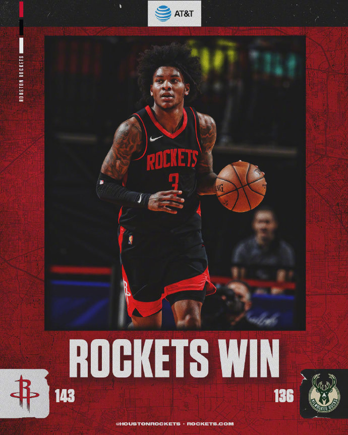 火箭143-136力克雄鹿   小波特50+11 米德尔顿33+8 字母哥伤退